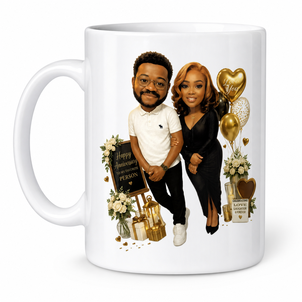 Personalised caricature mug on a sunlit breakfast table
